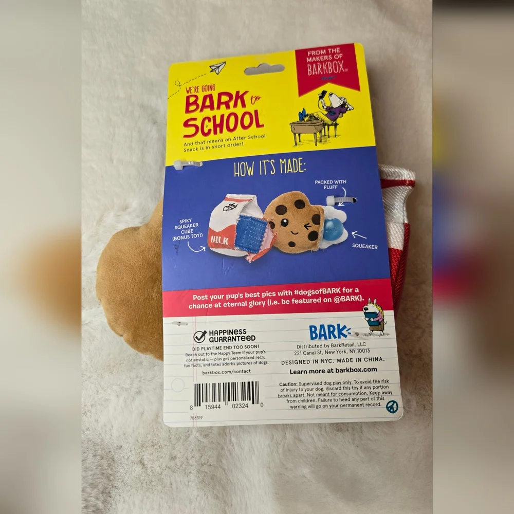 Bark Box Bark To School After-School Snack Pack Milk Cookie Squeaker Toy Set New